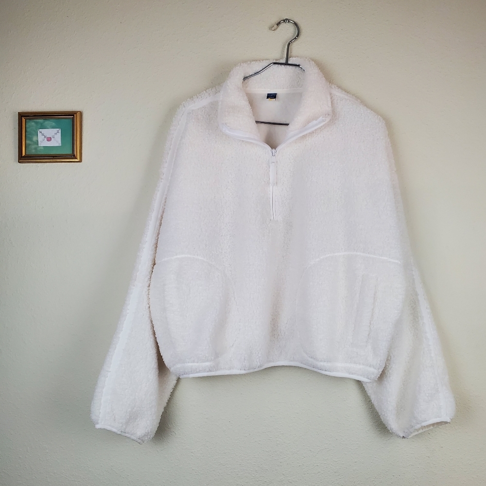Sherpa Quarter Zip Cozy White Fleece Cropped Pullover